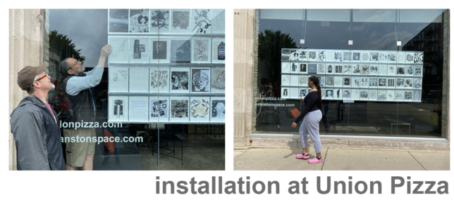 two photos of the windows at Union Pizza where the installation of the art is hanging. the first image has two men hanging the installation and the second photo is of the entire installation with a woman walking by in front of it.