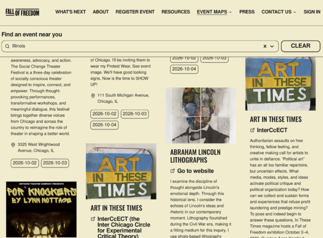 screenshot of the page of illinois sites for the Fall of Freedom arts event