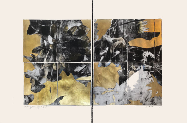 In the Golden Light of Summer, an abstract floral lithograph by Julie Cowan with black ink and gold leaf