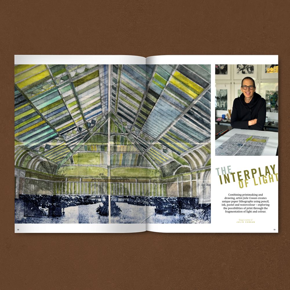 Magazine spread in Pressing Matters Magazine, featuring the printmaking practice of Julie Cowan