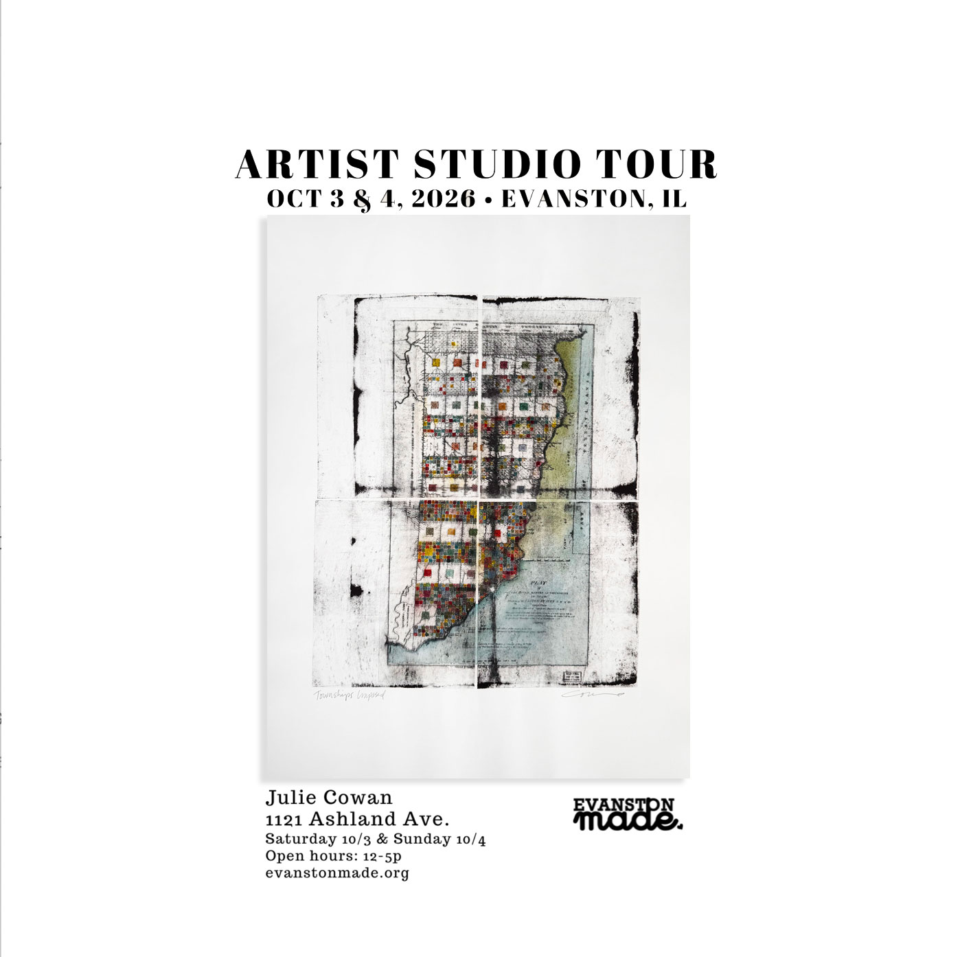 studio tour announcement on Oct 3 and Oct 4 from 12-5pm at julie cowan studio, 1121 ashland avenue evanston, il